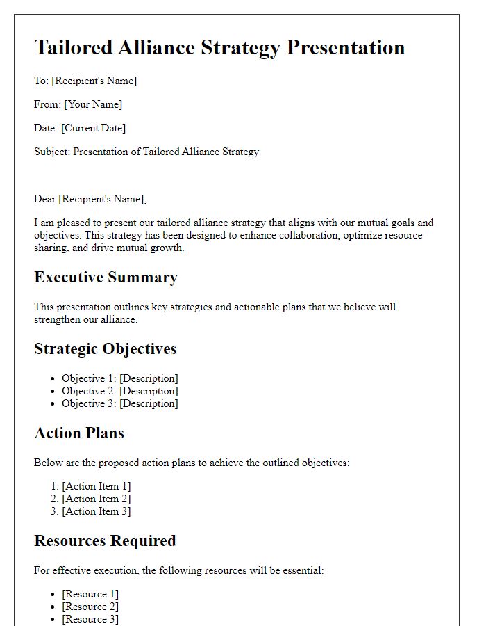 Letter template of tailored alliance strategy presentation