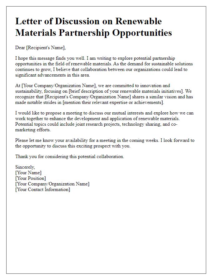 Letter template of discussion on renewable materials partnership opportunities