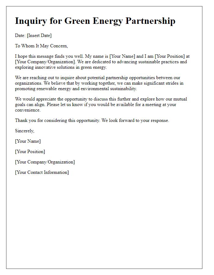 Letter template of inquiry for green energy partnership