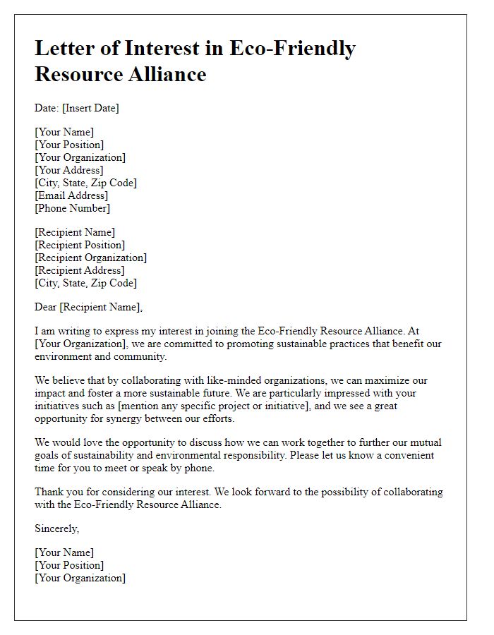 Letter template of interest in eco-friendly resource alliance