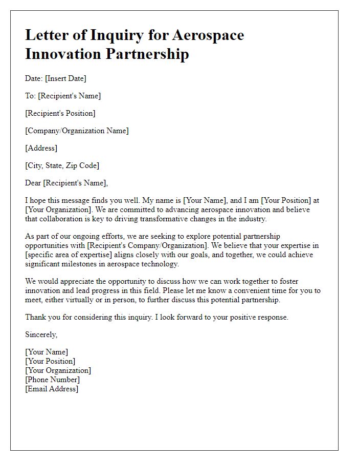 Letter template of aerospace innovation partnership inquiry