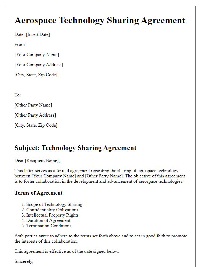 Letter template of aerospace technology sharing agreement