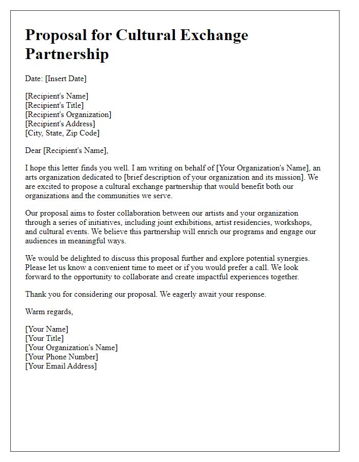 Letter template of cultural exchange partnership proposal for arts organizations.