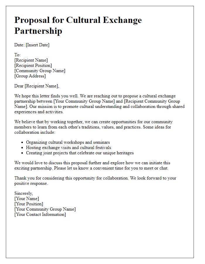 Letter template of cultural exchange partnership proposal for community groups.