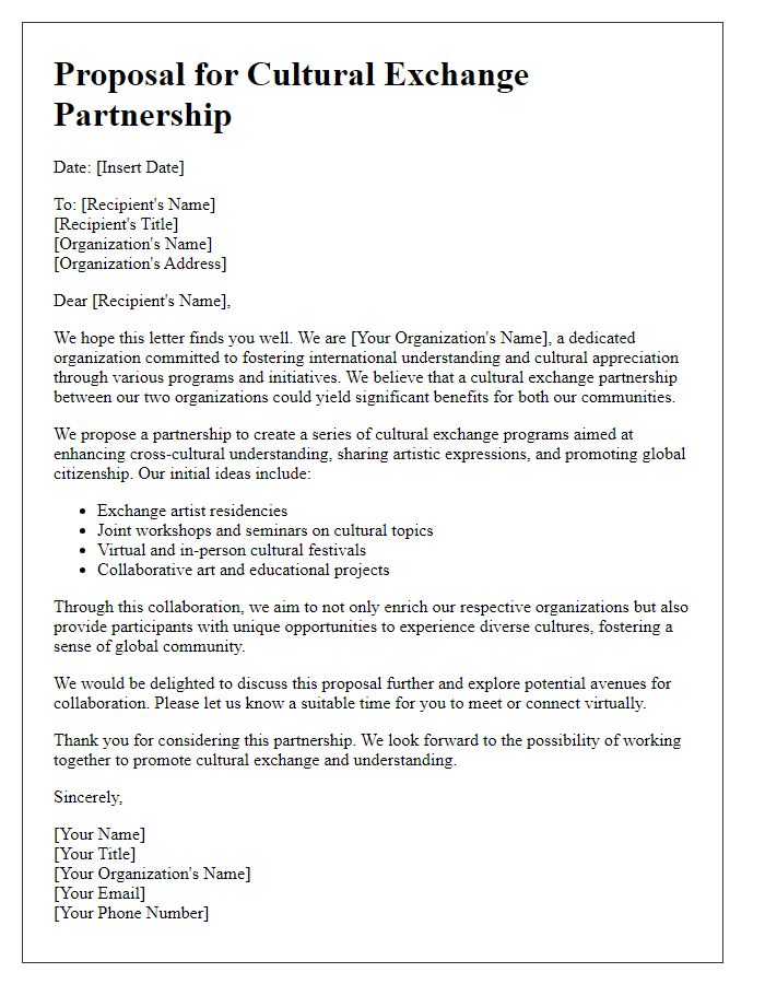 Letter template of cultural exchange partnership proposal for international organizations.