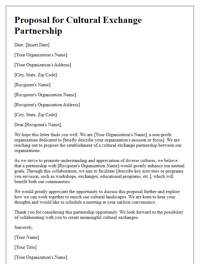 Letter template of cultural exchange partnership proposal for non-profit organizations.