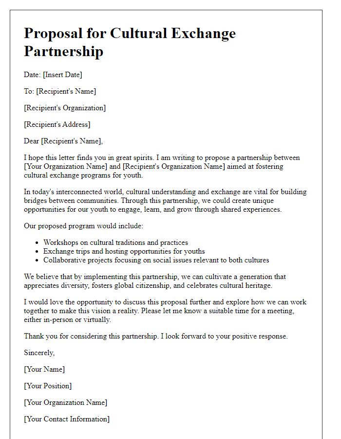 Letter template of cultural exchange partnership proposal for youth programs.