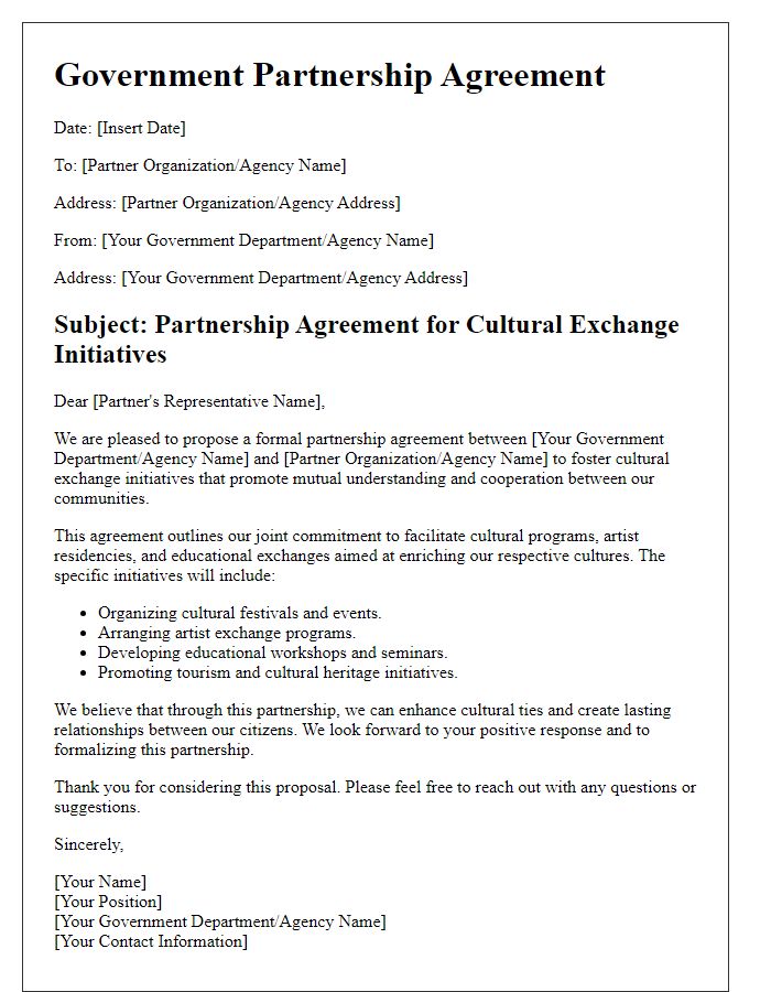 Letter template of government partnership agreement for cultural exchange initiatives.