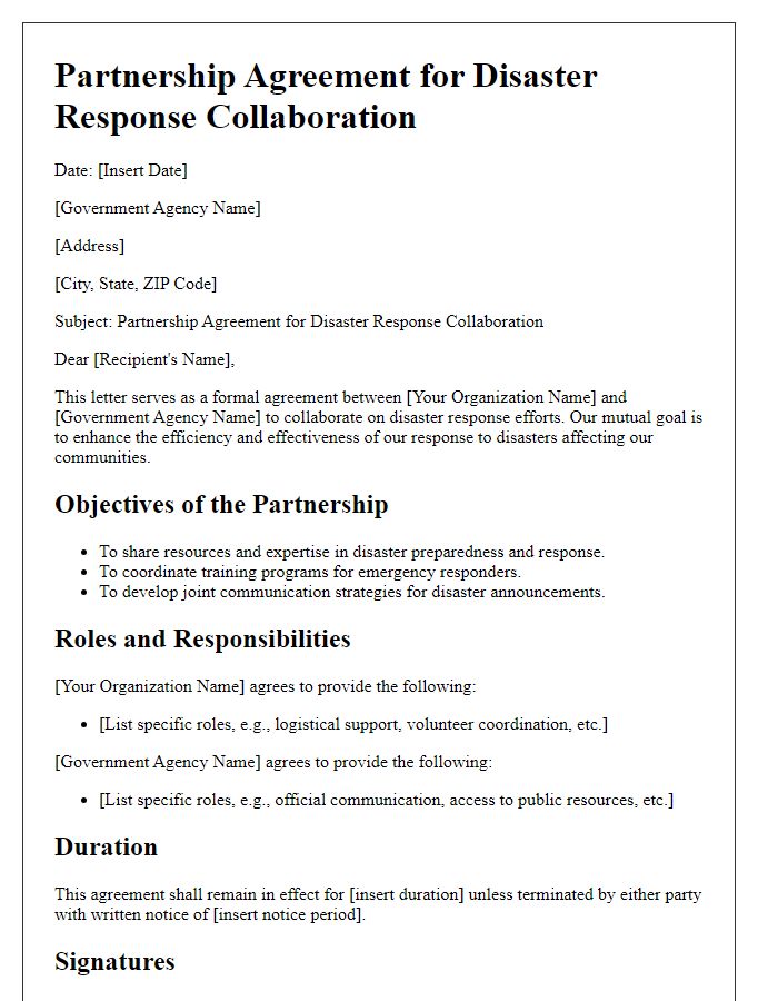 Letter template of government partnership agreement for disaster response collaboration.