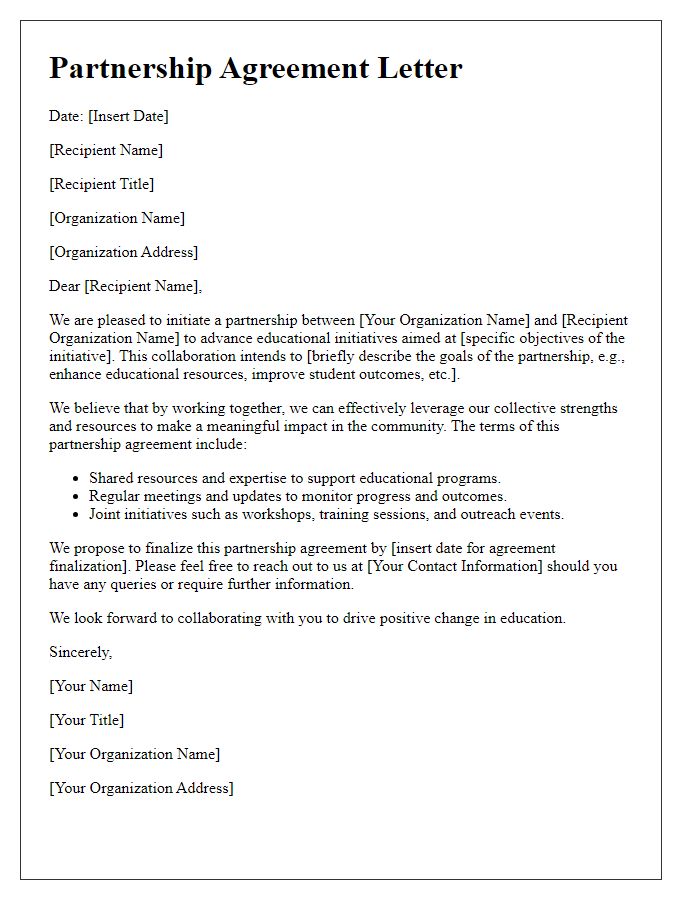 Letter template of government partnership agreement for educational initiatives.