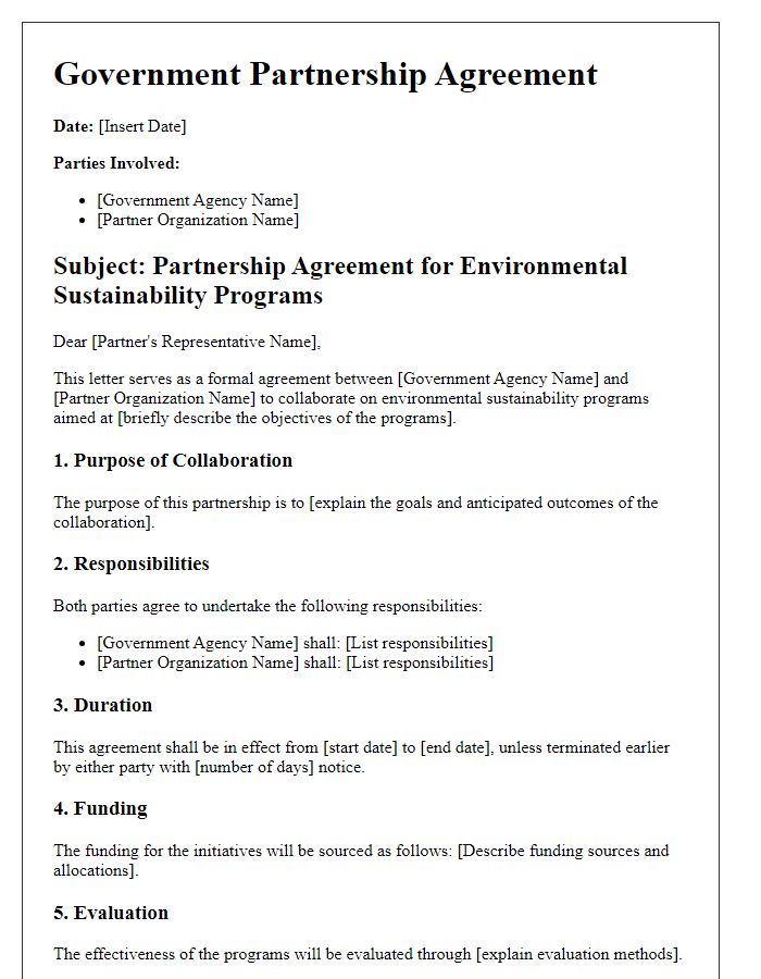 Letter template of government partnership agreement for environmental sustainability programs.