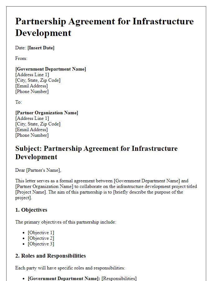 Letter template of government partnership agreement for infrastructure development.