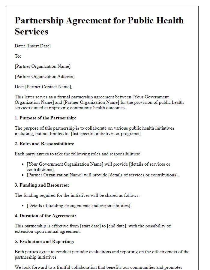 Letter template of government partnership agreement for public health services.