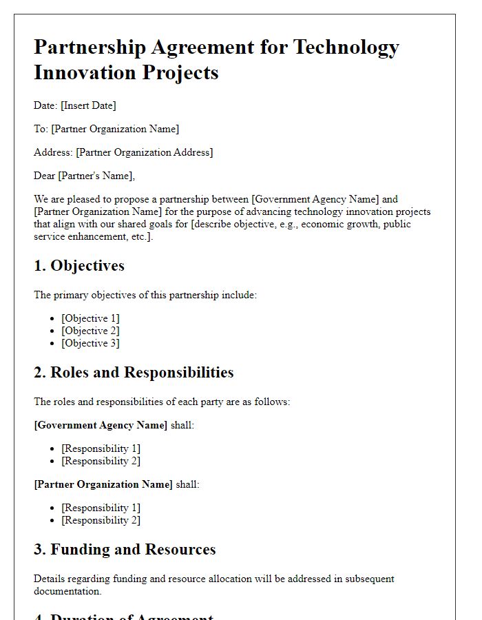 Letter template of government partnership agreement for technology innovation projects.