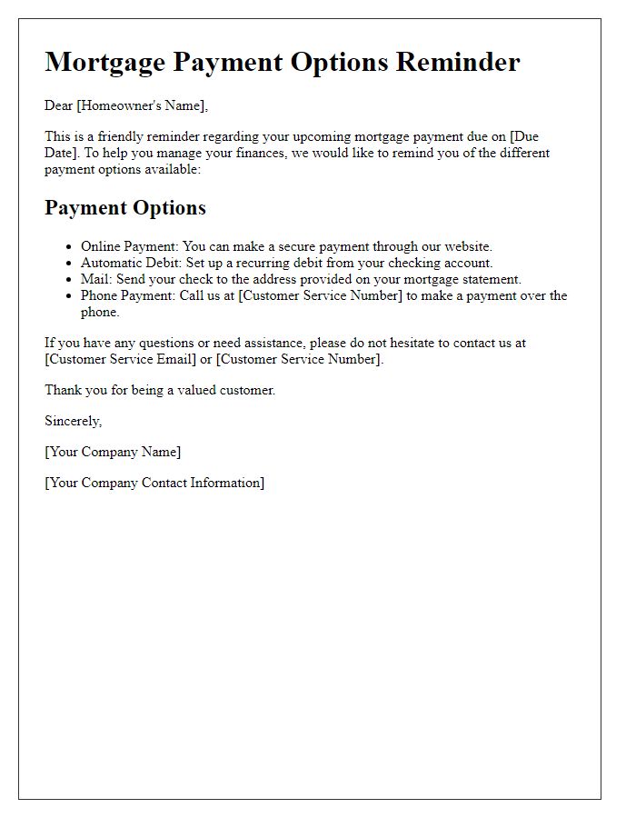 Letter template of mortgage payment options reminder