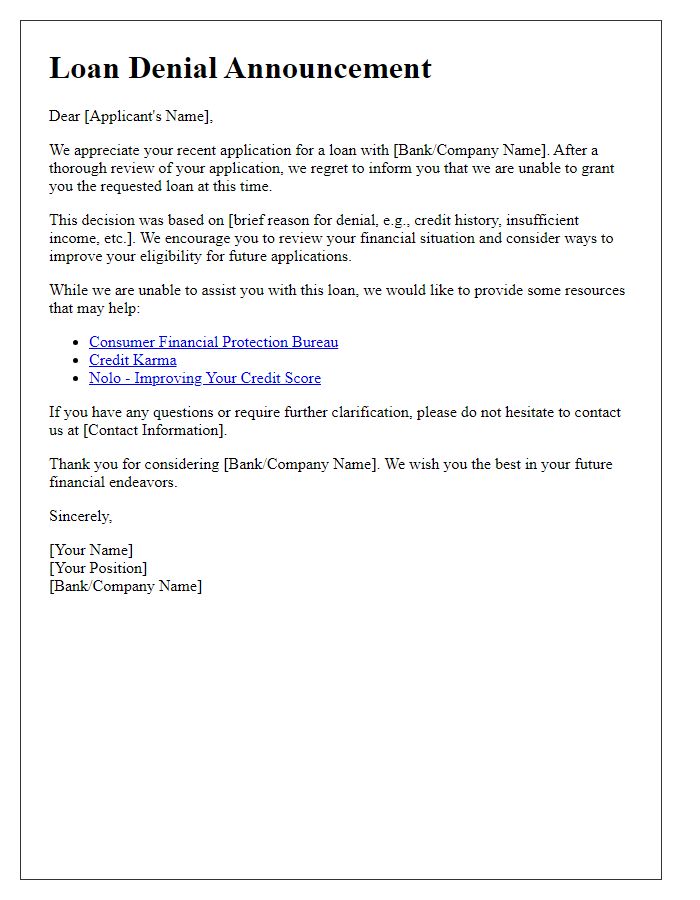 Letter template of loan denial announcement with resource links