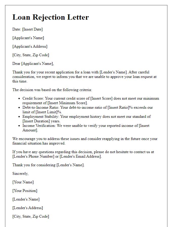 Letter template of loan rejection letter detailing criteria