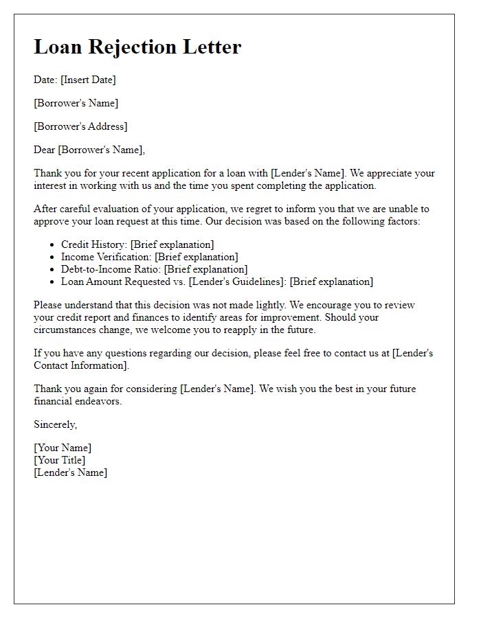 Letter template of loan rejection letter outlining evaluation process