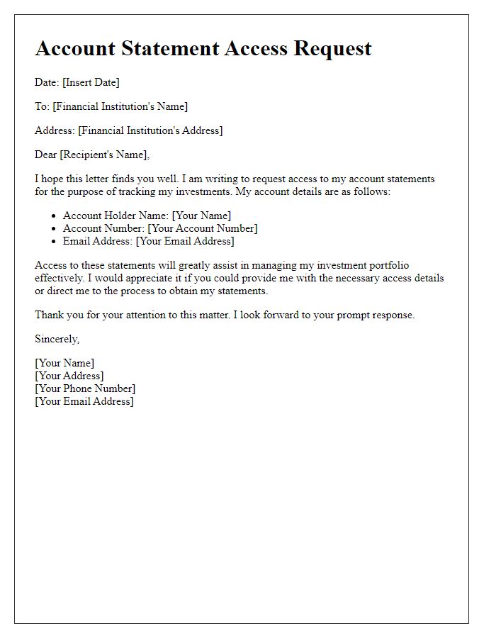 Letter template of account statement access for investment tracking