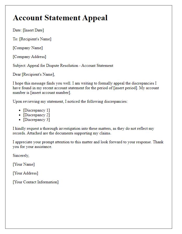 Letter template of account statement appeal for dispute resolution