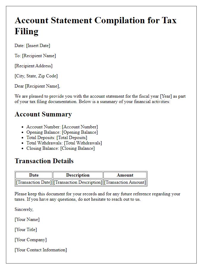 Letter template of account statement compilation for tax filing