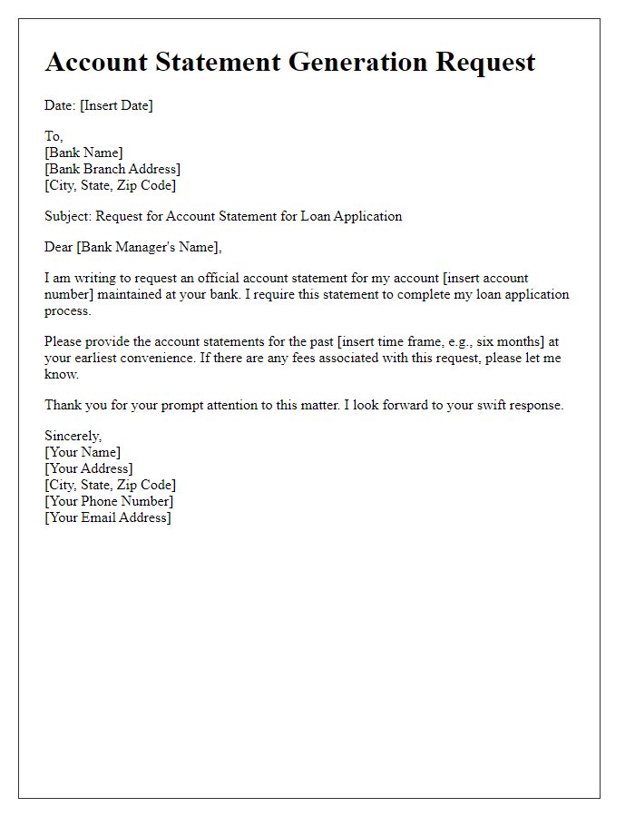 Letter template of account statement generation for loan application