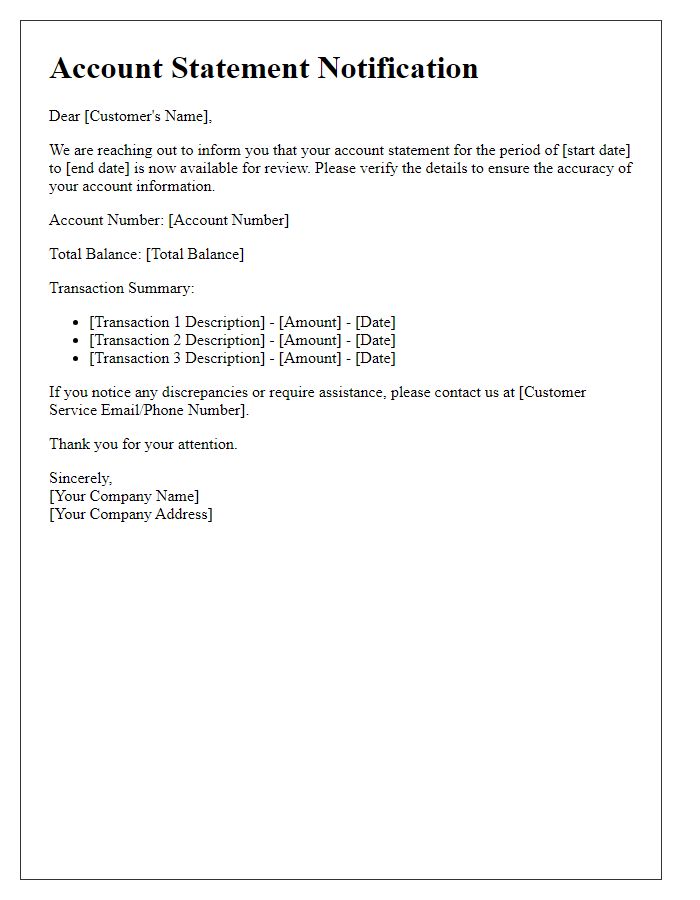 Letter template of account statement notification for account verification