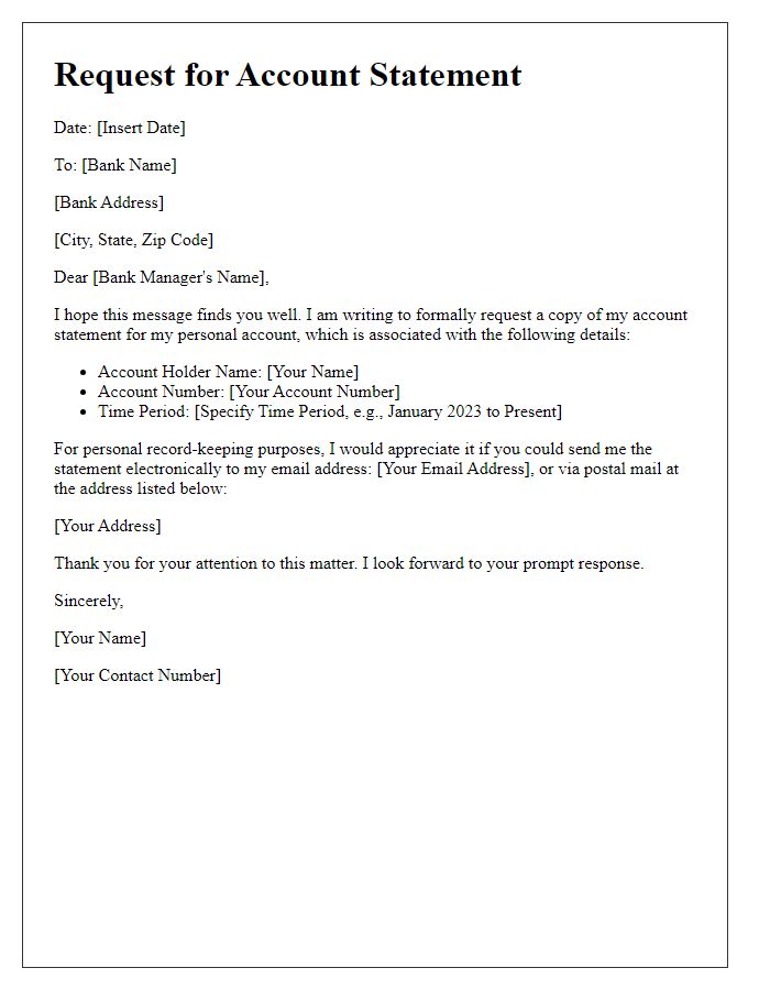 Letter template of account statement request for personal use