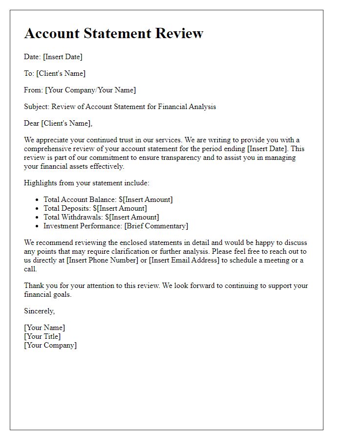 Letter template of account statement review for financial analysis