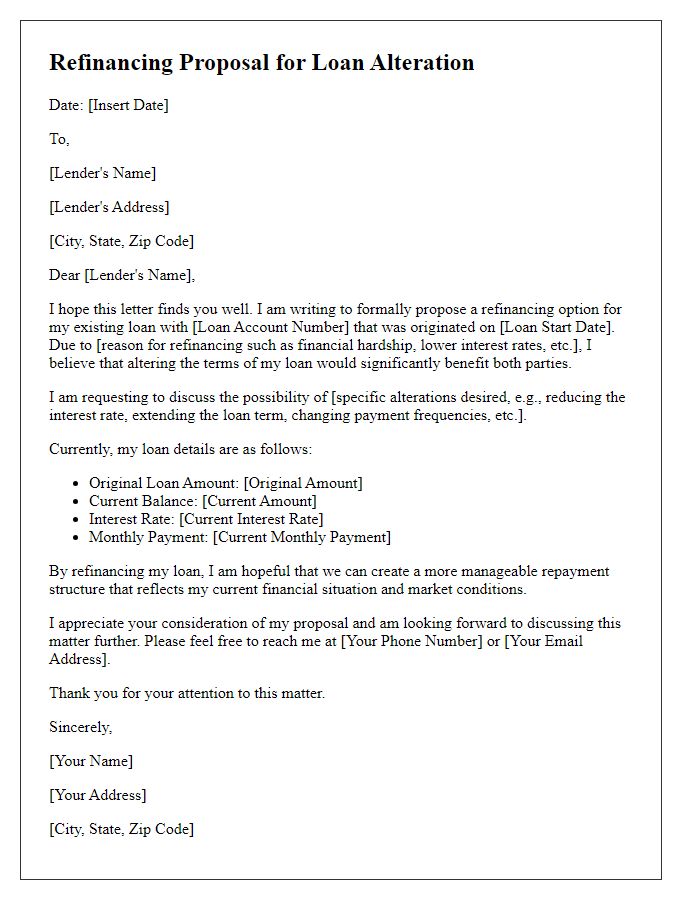 Letter template of refinancing proposal for loan alteration