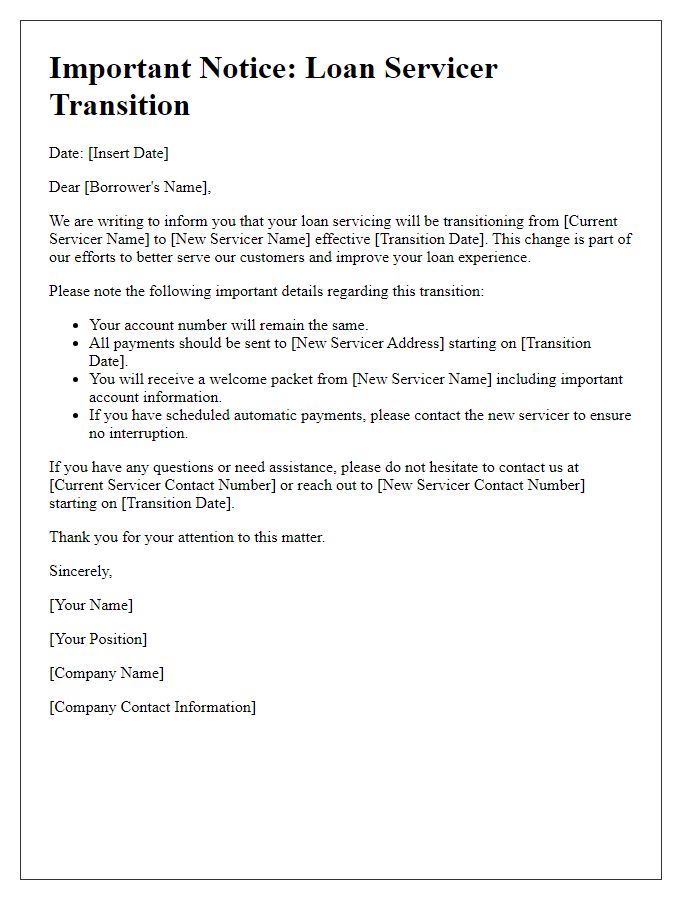 Letter template of communication for loan servicer transition