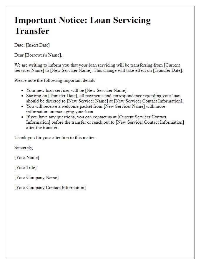 Letter template of notice regarding loan servicing transfer