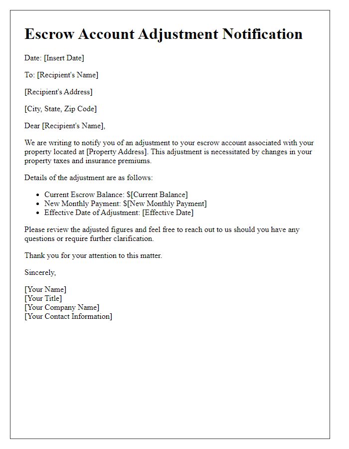 Letter template of escrow account adjustment notification