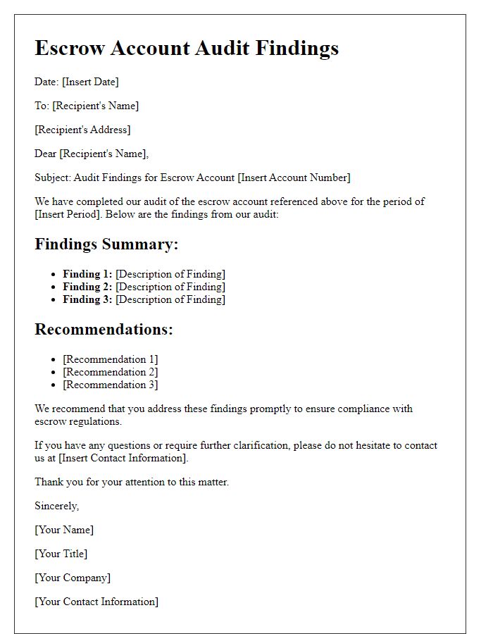 Letter template of escrow account audit findings