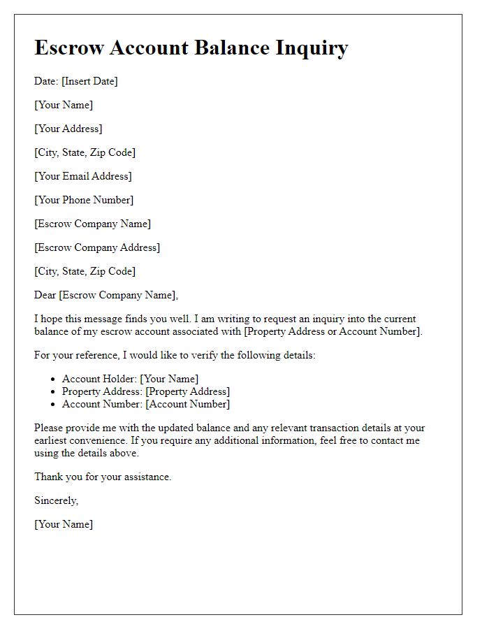 Letter template of escrow account balance inquiry