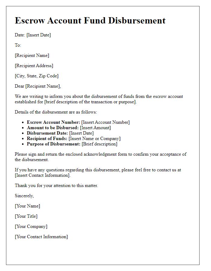 Letter template of escrow account fund disbursement