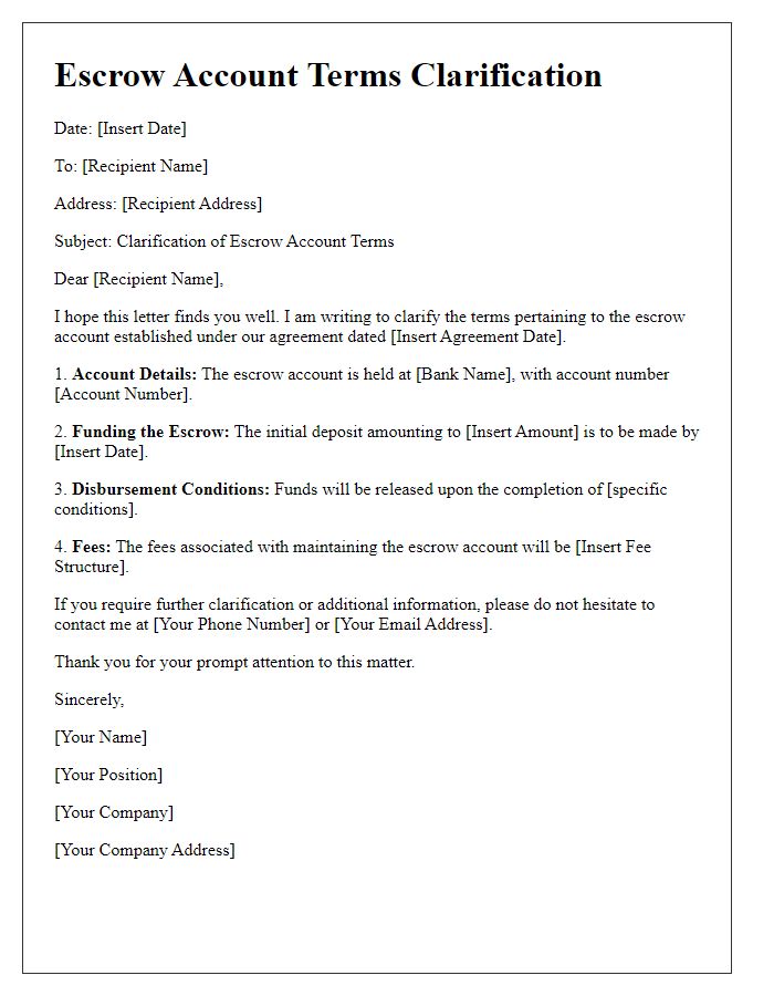 Letter template of escrow account terms clarification