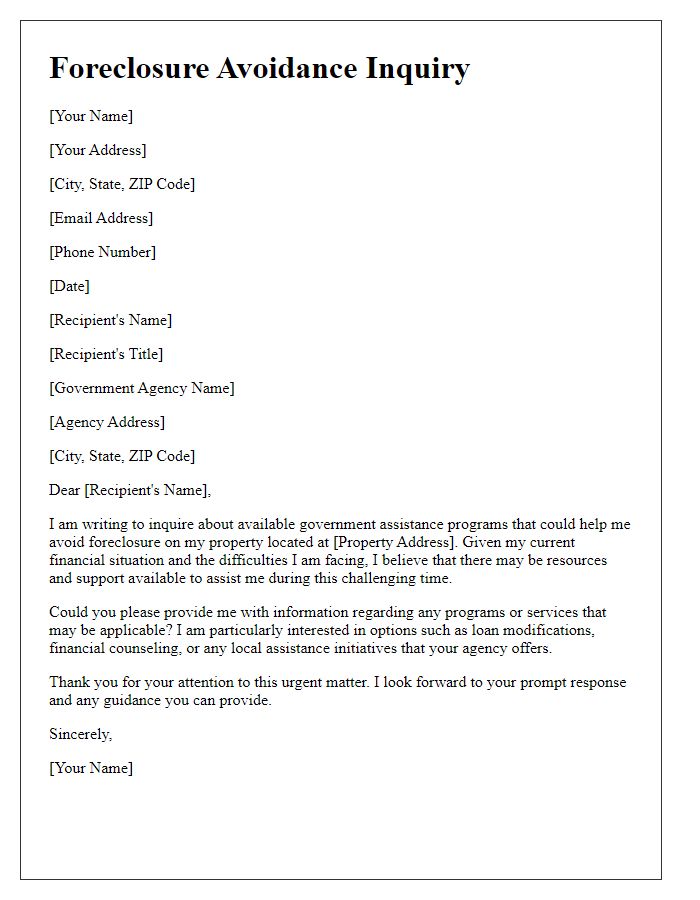 Letter template of foreclosure avoidance inquiring about government assistance programs.