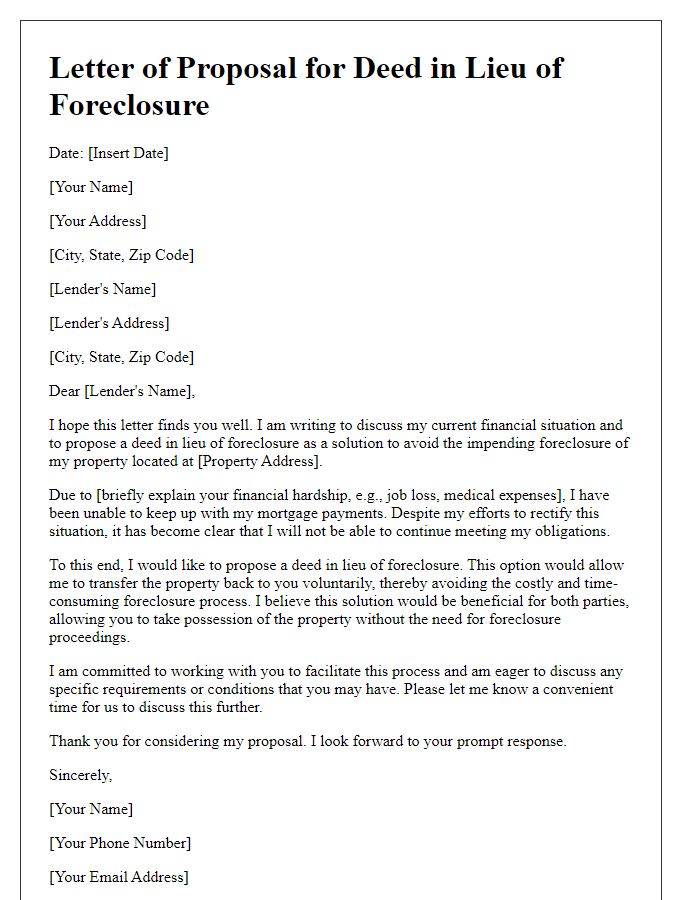 Letter template of foreclosure avoidance proposing a deed in lieu of foreclosure.