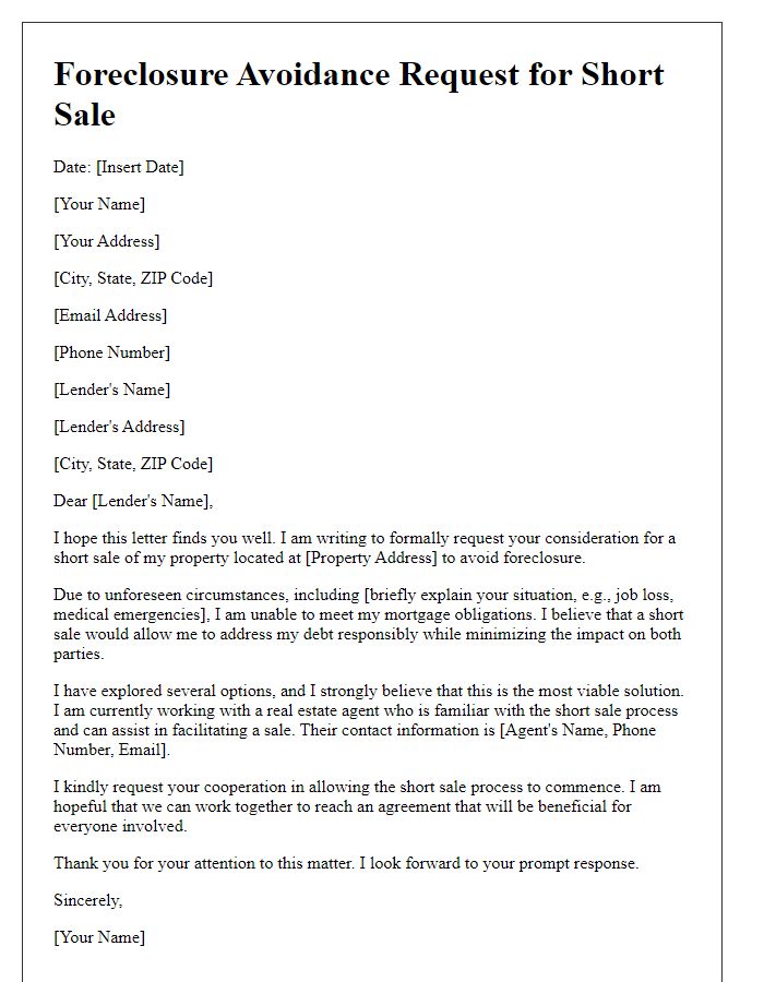 Letter template of foreclosure avoidance with a request for short sale.