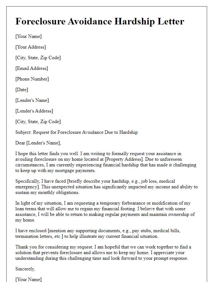 Letter template of foreclosure avoidance through hardship letter.