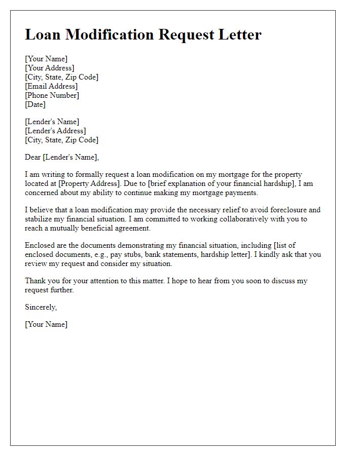 Letter template of foreclosure avoidance through loan modification request.