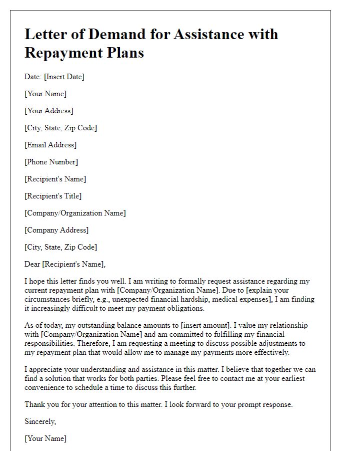 Letter template of demand for assistance with repayment plans