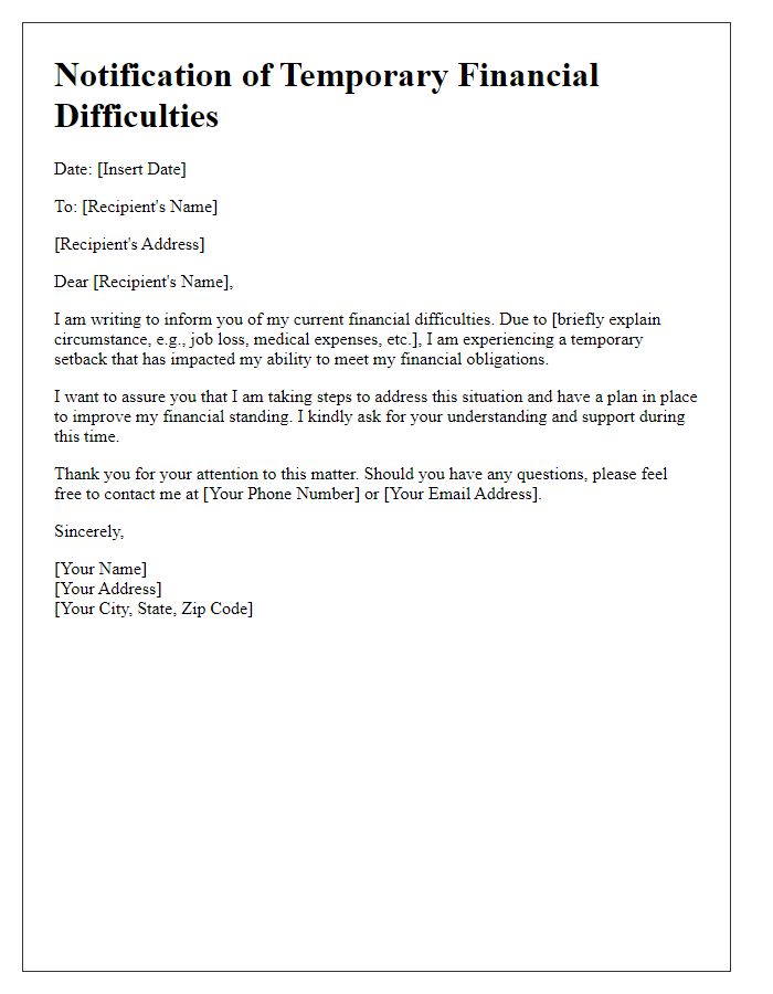 Letter template of notification for temporary financial difficulties