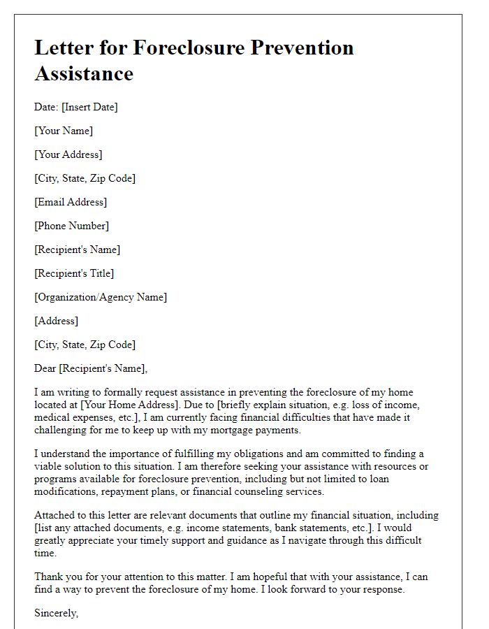 Letter template of petition for foreclosure prevention assistance