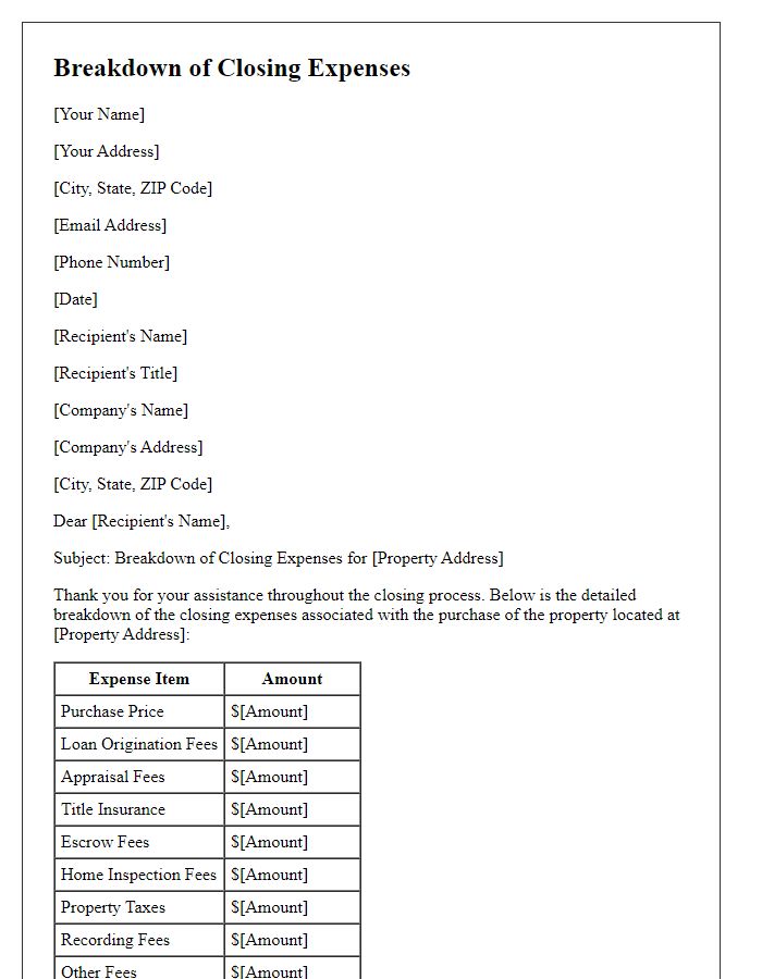 Letter template of Breakdown of Closing Expenses