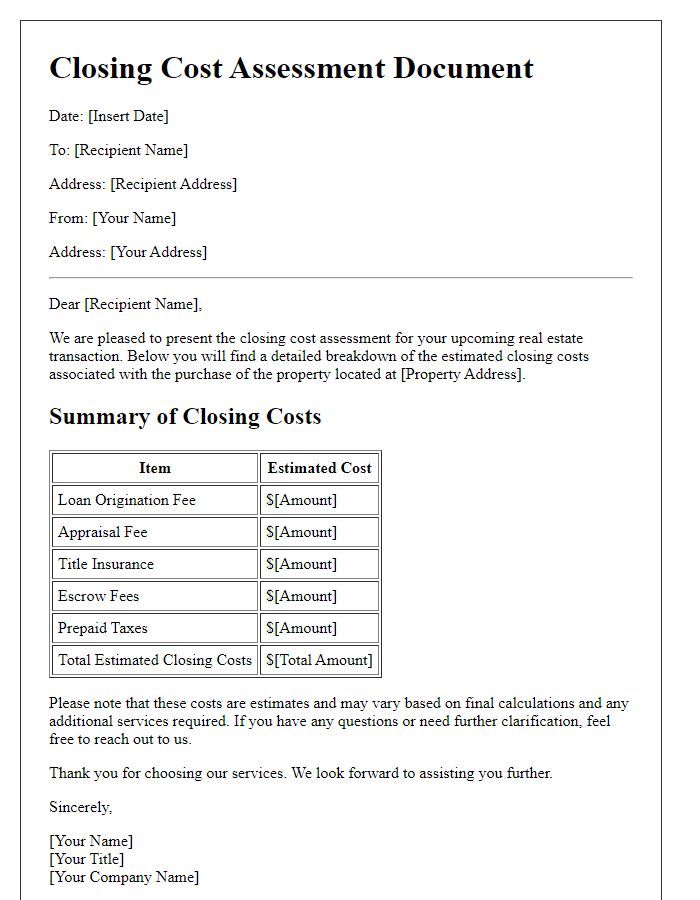 Letter template of Closing Cost Assessment Document