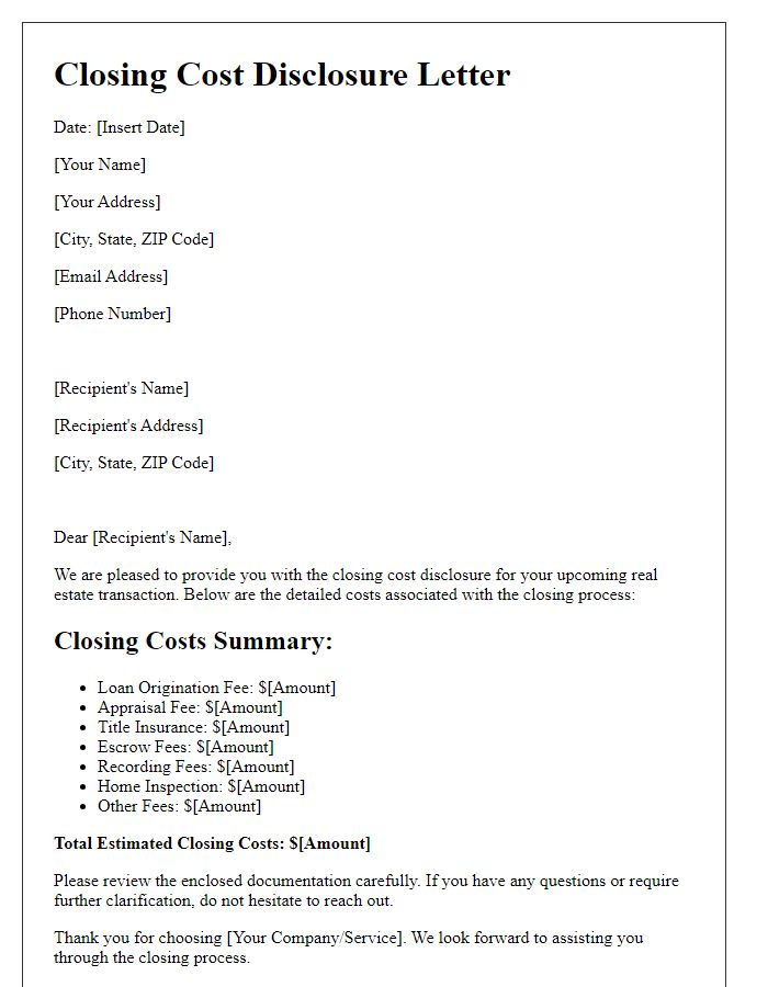 Letter template of Closing Cost Disclosure Letter