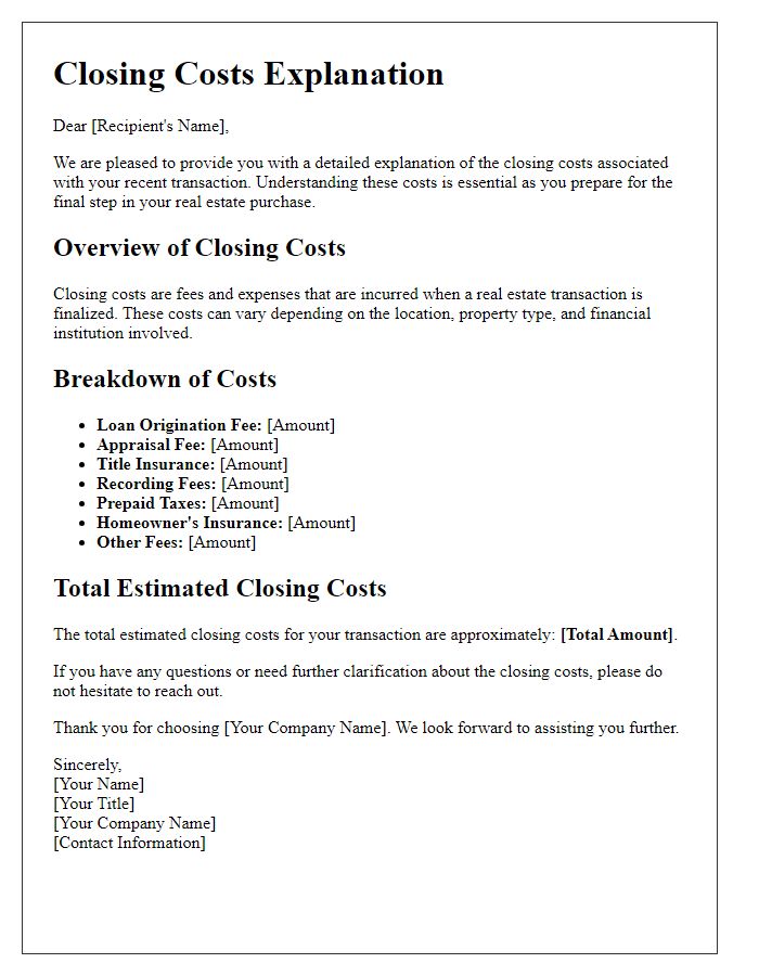 Letter template of Closing Costs Explanation Document