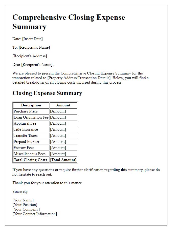 Letter template of Comprehensive Closing Expense Summary